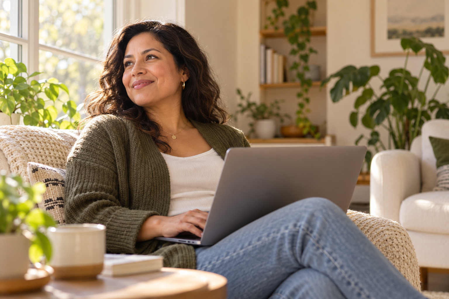 A smiling woman relaxing at home with a laptop