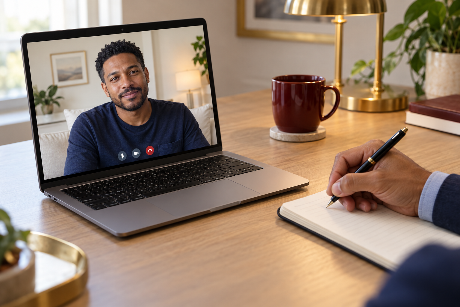 Illustrative virtual follow-up with a male client on a laptop and the provider holding a pen beside a notebook